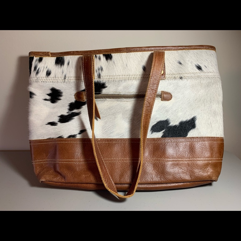 Cowhide tote, large, leather trim